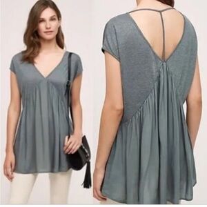 Anthro Meadow Rue Quincy Top Sz S w MEASUREMENTS Trapeze T-Back Green